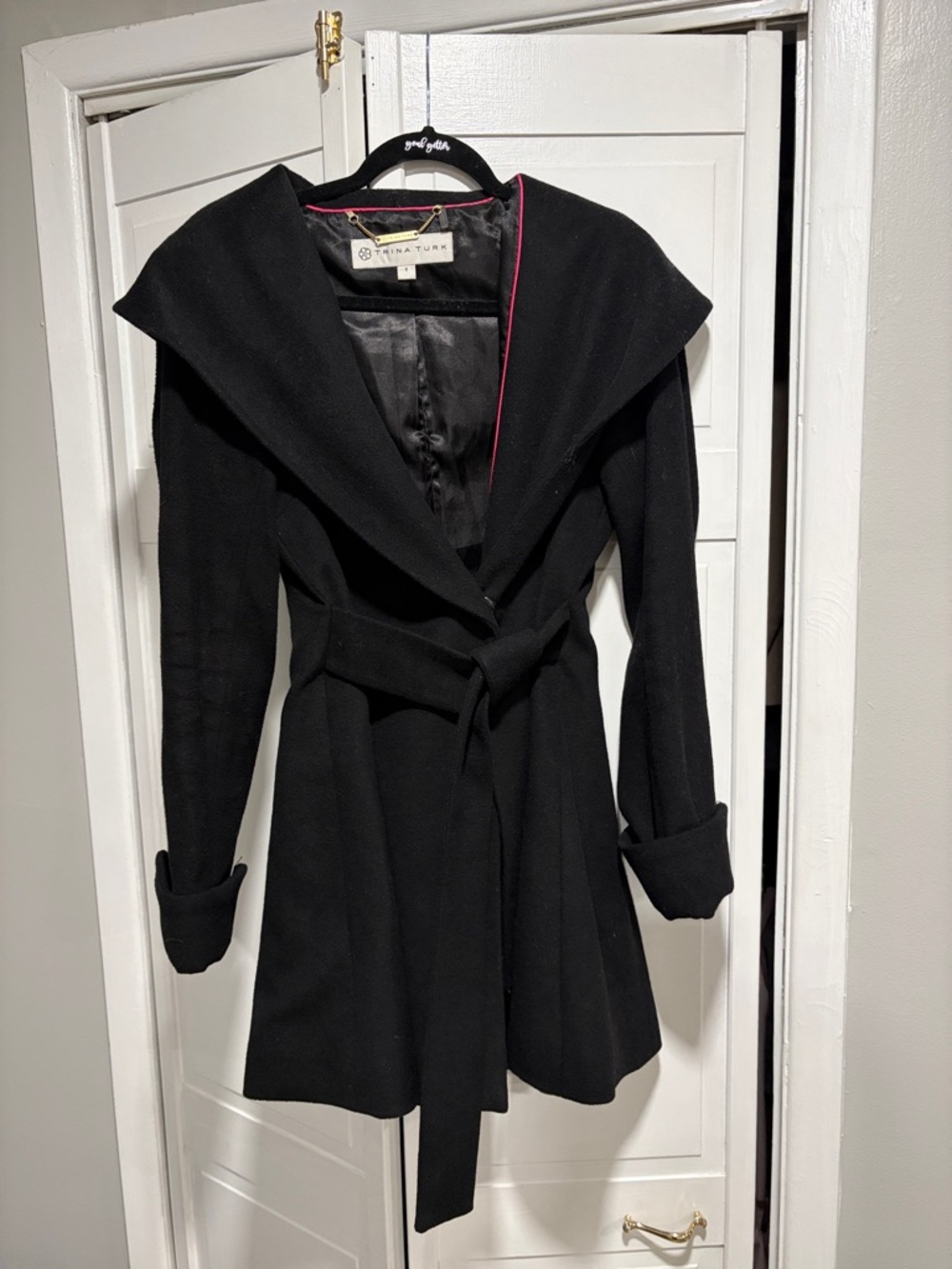 Trina Turk Black Wrap Trench Coat with Pink Trim